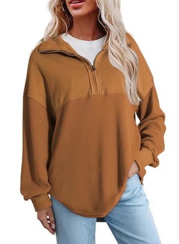 SHEWIN Womens Fall Sweatshirt Casual Waffle Knit Half Zip Pullover Loose Long Sleeve Tops, Brown, XS