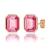 Austrian Crystal Octagon Stud Earrings for Women Fashion 925 Sterling Silver Hypoallergenic Jewelry (Pink)