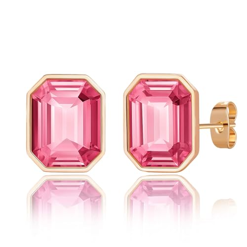Austrian Crystal Octagon Stud Earrings for Women Fashion 925 Sterling Silver Hypoallergenic Jewelry (Pink)