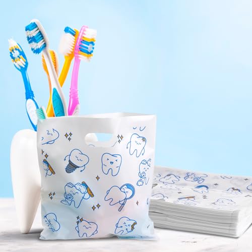 Image of Jetec 200 Pcs Dental Bag Bulk Tooth Merchandise Goodie Bag with Handles Plastic Tooth Dental Gift for Dentist Hygienist Appreciation Packaging Souvenir Gift Retail Party Favor 8.18 x 9.25 Inch(Lovely)
