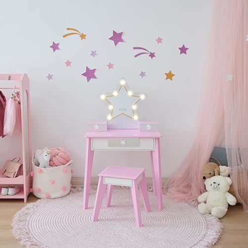 Image of Teamson Kids Star Vanity Set with LED Lights for Girls, Pink 2-Piece Kids Makeup Table with Mirror, 3 Storage Drawers & Matching Stool for Bedroom or Playroom, Ages 3+ Safe | LED Lights, Makeup Table with Mirror, 3 Storage Drawers, Matching Stool, Bedroom or Playroom
