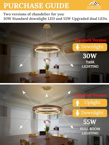 Image of LED 2 Ring Brass Gold Chandelier Dimmable Up Down Light Gold Walnut Wood