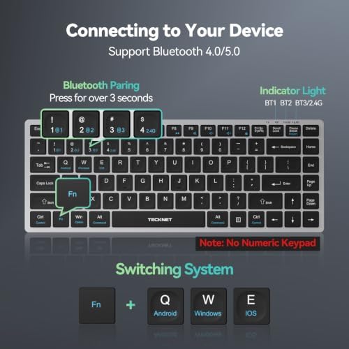 TECKNET Bluetooth Keyboard Rechargeable, 4-Device (2.4G+3BT) Wireless Keyboard, Small Ultra-Slim Keyboard, 14 Hotkeys Computer Keyboard for PC/Laptop/Tablet/iPad, Sliver-Black — view 5