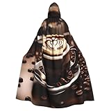 Tamiger Kapuzenumhang für Damen und Herren, Motiv: Heißer Kaffee mit Kaffeebohnen-Aufdruck, Renaissance-Cosplay-Kostüm-Zubehör