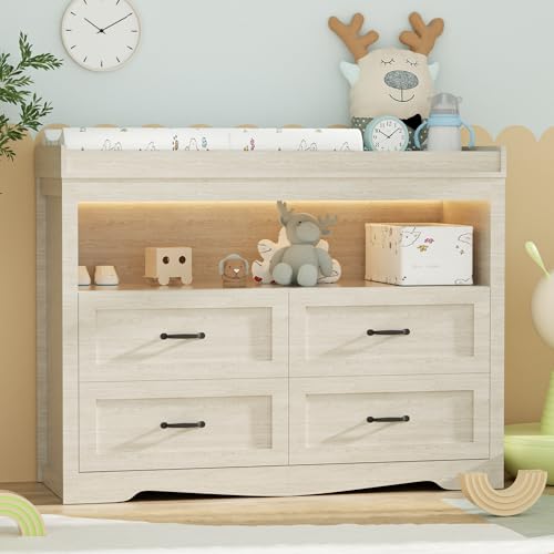 Image of QUNTTINA Baby Changing Table with Changing Table Top for Infants Nursery Dresser Chest with 4 Drawers Storage Changing Station Dresser with LED Light Diaper Changing Station Nursery Organizer,Beige