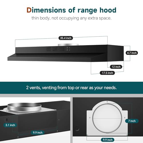 SNDOAS Black Range Hood 36 inch,Ductless Under Cabinet Range Hood Included Carbon Sponge Filter,Ducted Optional,Kitchen Hood 36 inch with 2 Vents,2 Speeds,Hard Wired Stove Vent - Thumbnail 6