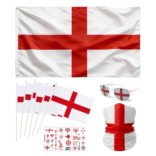 World Cup Decoration Set 2026 for England Fan with Large St Georges Flag 150 × 90cm Headwear Glasses Handheld England Flag Sticker for England World Cup Football Theme Party