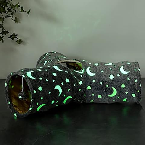 LUCKITTY Cat Tunnel Tube with Plush Ball Toys Collapsible Self-Luminous Photoluminescence, for Small Pets Bunny Rabbits, Kittens, Ferrets,Puppy and Dogs Grey Moon Star 3 Way Cover