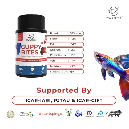 Image of Zewa Guppy Bites 45 g(Pack of 3) | High Protein Fish Food for Guppy & Small Fish | Micro Pellets 0.3-0.6 mm | 88% Digestibility | Rapid Growth & Vibrant Color