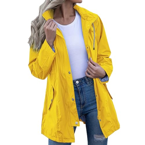 Chaqueta de lluvia para mujer de gran tamaño, ropa de lluvia para mujer, impermeable, cera amarilla ligera y plegable, abrigos Oversized con bolsillo con cordón abotonado Trench Parka resistente a la