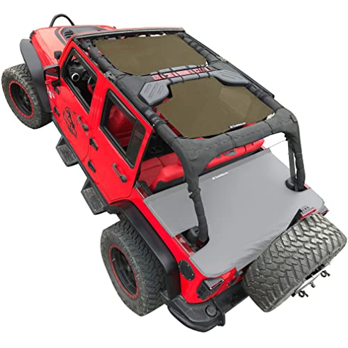 Shadeidea JK Sun Shade Top Compatible with Jeep Wrangler JKU Top Sunshade Soft Mesh Roof Cover (2007-2018)- Wind Noise UV Blocker -10 Year Warranty -4 Door -Tank Green -Front&Rear (2 pcs)