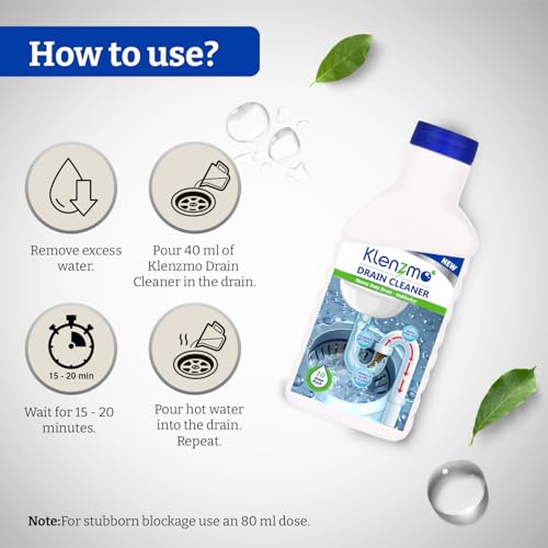 Image of Klenzmo by Kleenest Drain Cleaner Liquid - 400ml (Pack of 2) | Clears Blockages in Pipes, Sinks & Septic Tanks | Dissolves Grease, Hair & Soap Scum | Fast-Acting, Pine-Scented & Safe for Plumbing