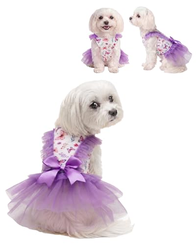 Image of CuteBone Purple Butterfly Floral Pet Dress for Small Dogs, Cats - Ruffled Double-Layer Skirt - Satin Bow - Spring Fairy Party Dress