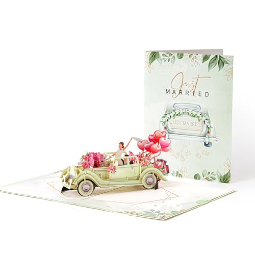MSLSOZ Tarjeta de Felicitación 3D Pop up para Bodas, Diseño Vintage con Coche y Flores, Tarjeta de Aniversario para Recién Casados con Sobre Dorado