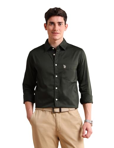 Image of U.S. Polo ASSN. Solid Tailored Fit Shirt for Men - 100% Cotton, Breathable & Comfortable, Full Sleeves Casual Shirt for Men