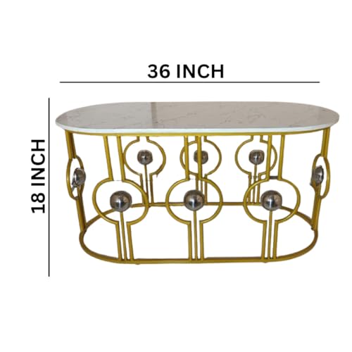 Image of Marble Look Coffee Table, Oval Accent Metal Center Table with Golden Metal Frame Golden White