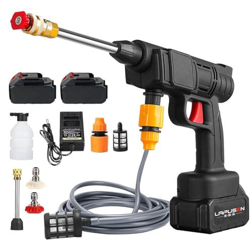 Qawner Pistola de Agua presión Bateria, 30Bar Limpiador a presión con 2× batería de 6000mAh, Cargador y Manguera 5m, 435PSI Hidrolimpiadora de Bateria para Jardín y Coche