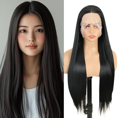 Image of Creamily 30 inch Synthetic Lace Front Wig Black Straight 13x3 HD Lace Front Wigs Long Straight Glueless Pre Plucked Heat Resistant Fiber Hair Wig Natural for Daily Party (Black, 30 inches)