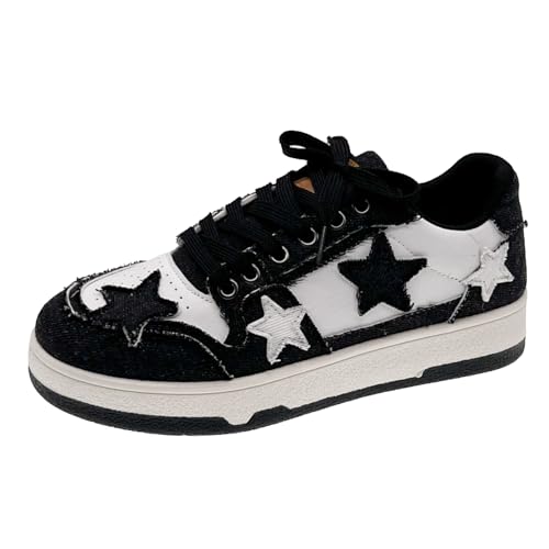 Star Shoes Walking Sneakers for Women Retro Chunky Platform Y2K Aesthetic Cute Stars Comfort Denim Skate Shoes Lace-up Sneaker