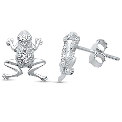 Sterling Silver Cute! Micro Pave Cubic Zirconia Frog Stud Earrings