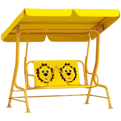 AIYAPLAY Dondolo per Bambini da Esterno a 2 Posti con Tettuccio Regolabile e Cinture di Sicurezza, Altalena Dondolo da Giardino e Interno in Acciaio e Poliestere, Max 60 kg, 112x75x120 cm, Giallo