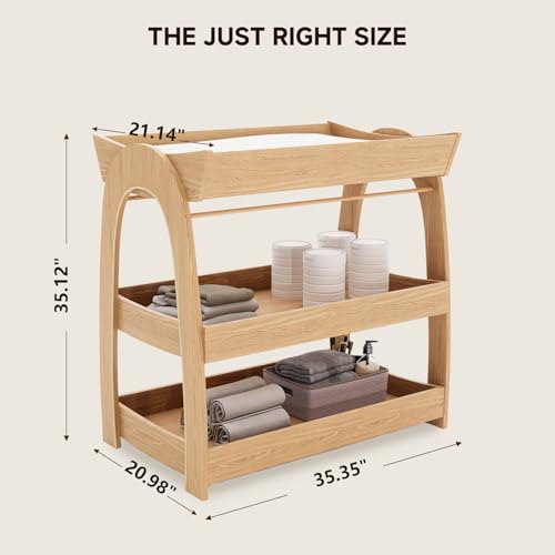 Image of Baby Changing Table, Wood Diaper Changing Table with 2-Tier Storage Shelves, Wooden Baby Changing Station for Nursery, Modern Changing Table Dresser