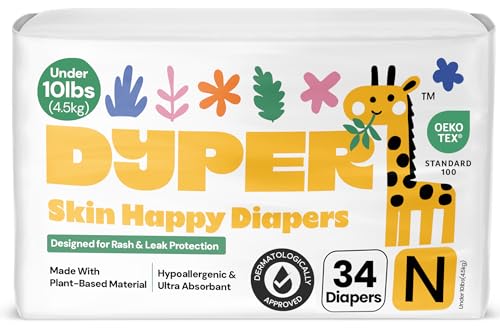DYPER - Newborn Diapers Size 0 (34Count) - Plant Based Disposable Diapers for Day and Overnight Premium Leak Protection, Skin-Friendly Comfort with...