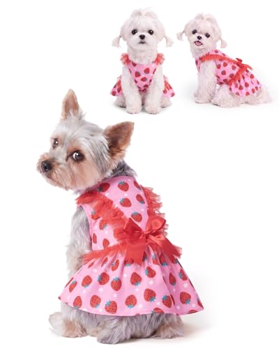 Image of CuteBone Pink Strawberry Pet Dress for Small Dogs, Cats - Ruffled Sleeves - Red Satin Bow - Sweet Daily, Playdate Dress