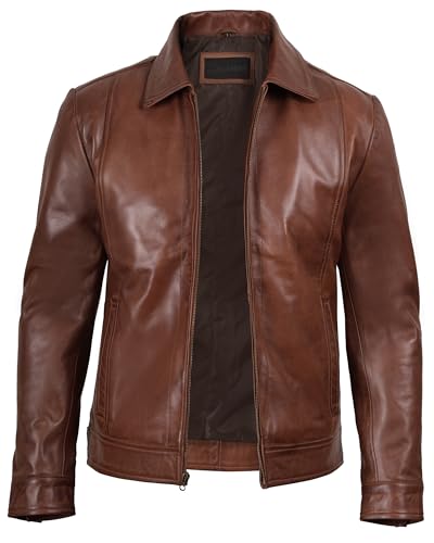 Image of Decrum Vintage Style Mens Leather Jacket - Real Lambskin Classic Shirt Collar Leather Jackets for Men