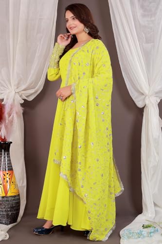 Image of ROYALICA Women's Georgette Gown Set with Solid Pattern Floor Length Round Neck Fit & Flare Full Sleeves Gown Pant and Embroidery Work Dupatta | Anarkali Gown Set for Women