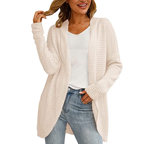 Ghemdilmn Cordón de manga larga para mujer, suéter de punto con frente abierto, cárdigan suelto de color sólido, cardigan, ropa de abrigo con bolsillos, chaquetas de punto, Color beige., XL