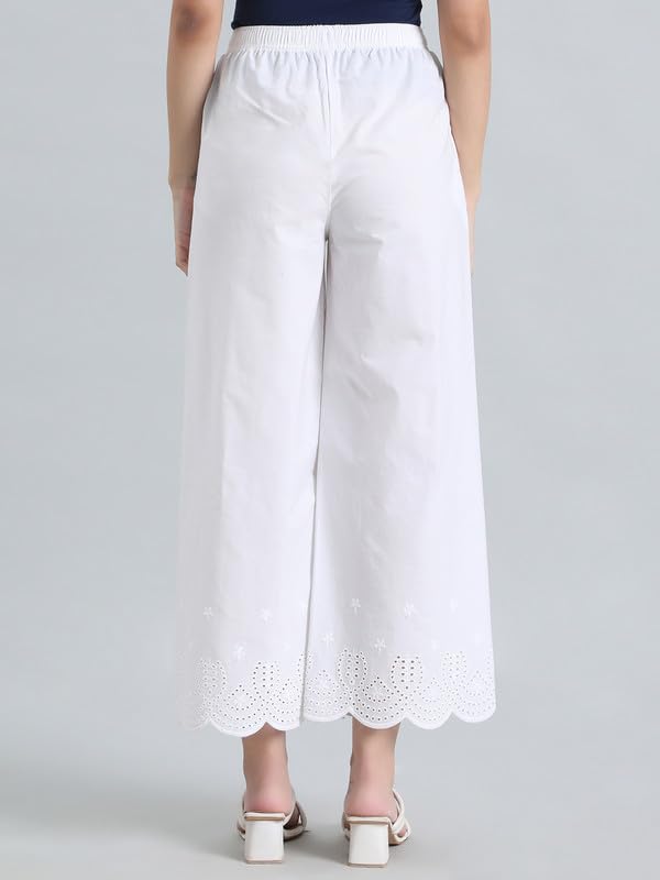 Image of GO COLORS Women's Cotton Hakoba Palazzo | Ankle Length, Schiffli Embroidery, Relaxed Fit, Mid-Rise with Side Pocket