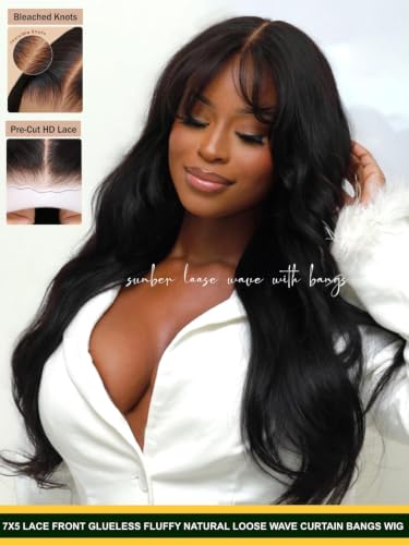 Image of Sunber Bye Bye Knots 7x5 Lace Front Glueless Fluffy Natural Loose Wave Curtain Bangs Wig Human Hair Pre Plucked Invisible Knots Pre Everything Ready to Go 16Inch