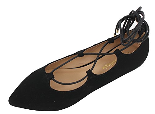 City Classified Women's Heat Pointy Toe Faux Leather Lace Up Akle Wrap Flat Sandals,Black Nubuck,8.5