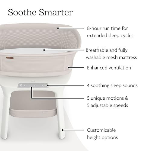 UPPAbaby Soma Smart Bassinet – 5 motions + 5 speeds + 4 Sounds with MotionSync Technology – Height Adjustable – Included Mattress, Sheet + Storage Basket – Charlie (Sand Mélange) - Image 5