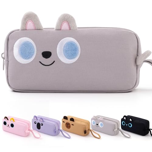 Image of CICIMELON Cartoon Pencil Case, Large Capacity Pen Pouch with Embroidered Animal Design, School Supplies Bag for Kids, Teens, Students (Gray Dog)