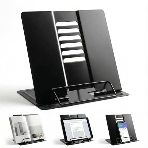 Shteriva Atril para Libros de Metal Negro – Soporte para Libros Ajustable y Plegable, Atril de Lectura para Estudio, Cocina y Leer en la Cama, Sujeta Libros Multifuncional (negro)
