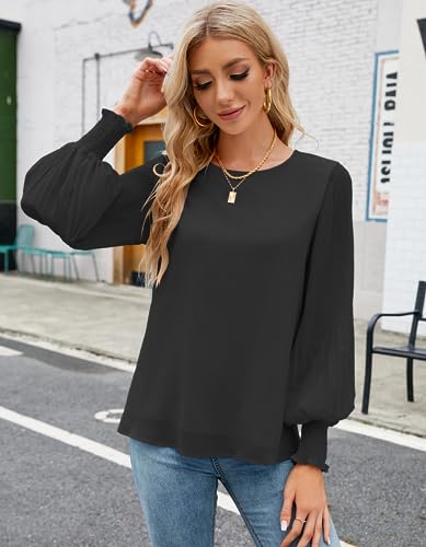 Image of Aifer Womens Tops Dressy Casual Long Sleeve Shirts Chiffon Blouses | Sheer Pleated Lantern Sleeves, Crew Neck, Back Keyhole, Versatile, Ideal for Office Workwear, Daily Outfits, Party Looks