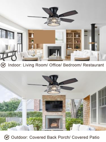 Image of 42 Inch Crystal Ceiling Fan with Lights and Remote Flush Mount | Farmhouse Rustic Fandelier Ceiling Fan, Low Profile Crystal Caged Chandelier for Bedroom Living Room, Reversible DC Motor