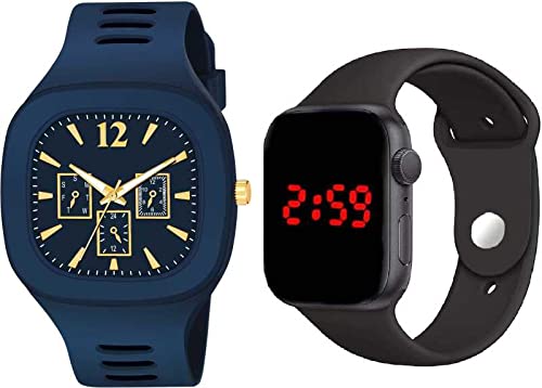 GOLDENIZE FASHION Blue Analogue Quartz and Square Digital Dial Day and Date LED Display Watch for Mens & Boys Combo of 2 Watches (B09PLM769L) Amazon Price History, Amazon Price Tracker