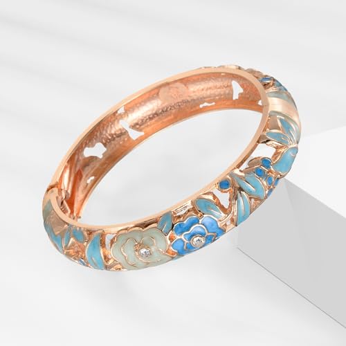 Image of UJOY Vintage Jewelry Cloisonne Handcrafted Flower Enameled Gorgeous Rhinestone Hinged Cuff Bracelet Bangles Gifts 88A10