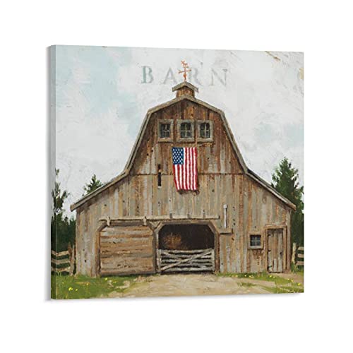 Posters Wooden Barn Farm Wall Art American Flag Wall Art Rustic Farmhouse Wall Art Canvas Wall Art For Living Room Bedroom Office Kitchen Decor 28X28Inch(70X70Cm) Frame-Style #TOP5