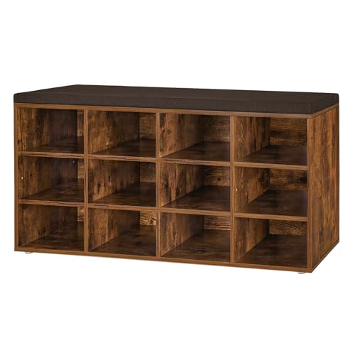 DINZI LVJ Shoe Storage Bench with Cushion, Cubby Shoe Rack with 12 Cubbies, Adjustable Shelves, Multifunctional Shoe Organizer Bench for Entryway, Mudroom, Hallway, Closet and Garage, Rustic Brown