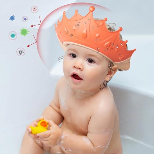 Image of FUNUPUP Kids Shower Cap, 2 Pack Adjustable Toddler Hair Washing Bathing Cap Shield Visor Shampoo Cap Protect Baby Eyes (Crown, Pink and Yellow)