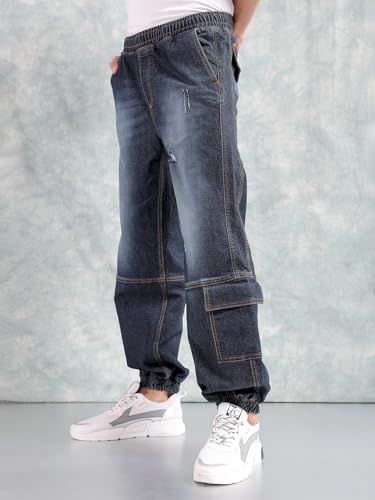 Image of The Indian Garage Co Men Loose Fit Solid Mid-Rise Stretchable Denim Joggers