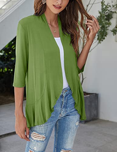 Image of Bluetime Women Casual Lightweight Open Front Cardigans Soft Draped Ruffles 3 /4 Sleeve Cardigan (S-3XL)