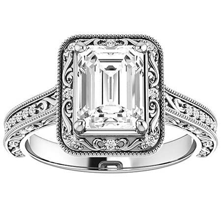 2 CT Emerald Cut Colorless Moissanite Engagement Ring Set Wedding/Bridal Ring Set, Diamond Ring Set, Anniversary Solitaire Halo Accented Promise Vintage Antique Gold Silver Ring Set3