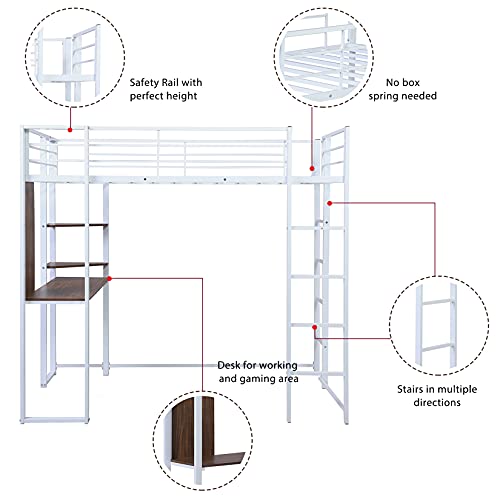 Bellemave Metal Loft Bed Studio Loft Bunk Bed Over Desk And Bookcase With 2 Ladders,Twin Loft Bed For Dorm,Boys And Girls Teens Kids,White #TOP2