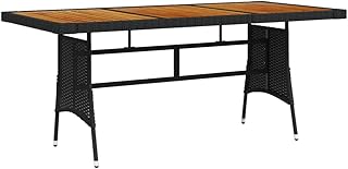 vidaXL Poly Rattan Patio Table - Elegant Black Outdoor Table with Solid Acacia Wood Top and Powder-Coated Steel Frame for Garden & Alfresco Dining