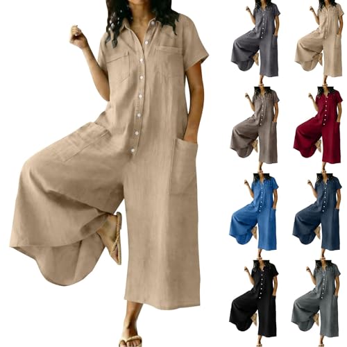 Jumpers for Women Plus Size Button Down Short Sleeve Jumpsuits Wide Leg Flowy Overalls Summer Casual Jumpsuits